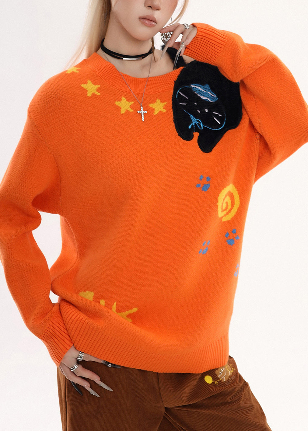 Bohemian Orange Embroidered Cold Shoulder Knit Sweater Winter