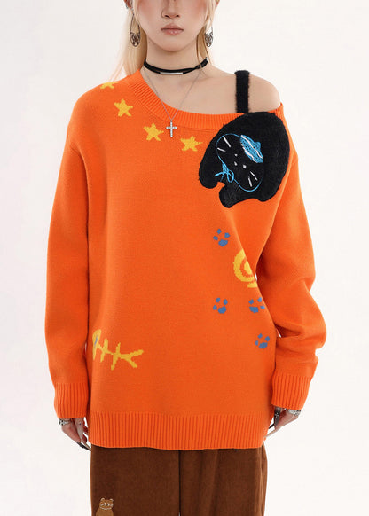 Bohemian Orange Embroidered Cold Shoulder Knit Sweater Winter