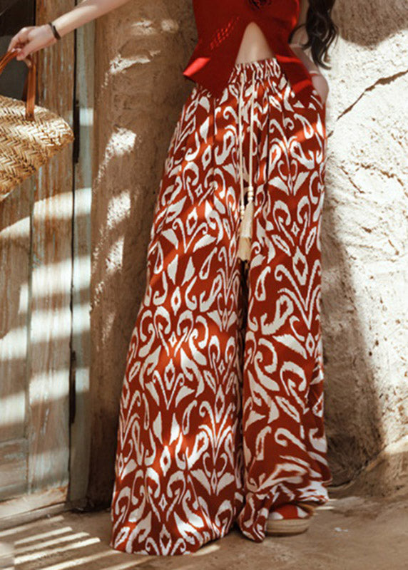 Bohemian Orange Print Tie Waist Wide Leg Pants Summer