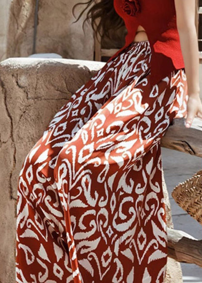Bohemian Orange Print Tie Waist Wide Leg Pants Summer
