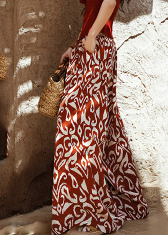 Bohemian Orange Print Tie Waist Wide Leg Pants Summer