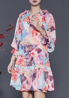 Bohemian Orange Ruffled Print Chiffon Mid Dress Spring