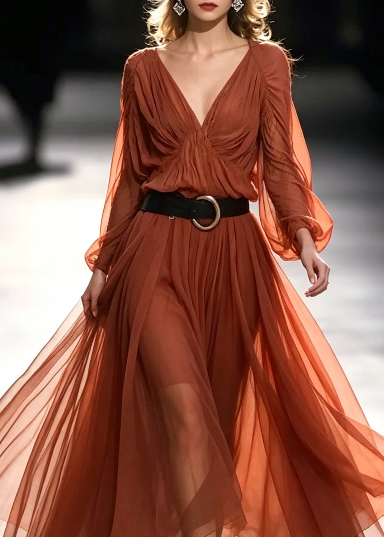 Bohemian Orange V Neck Sashes Long Dresses Fall