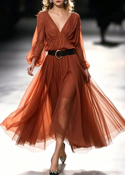 Bohemian Orange V Neck Sashes Long Dresses Fall