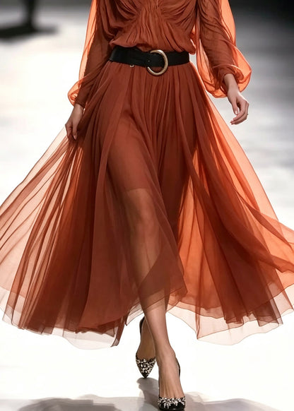 Bohemian Orange V Neck Sashes Long Dresses Fall