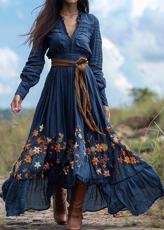 Bohemian Pastoral Blue Print Wrinkled Patchwork Cotton Ankle Dress Spring