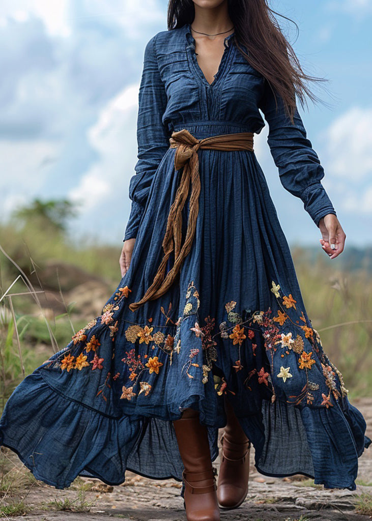 Bohemian Pastoral Blue Print Wrinkled Patchwork Cotton Ankle Dress Spring