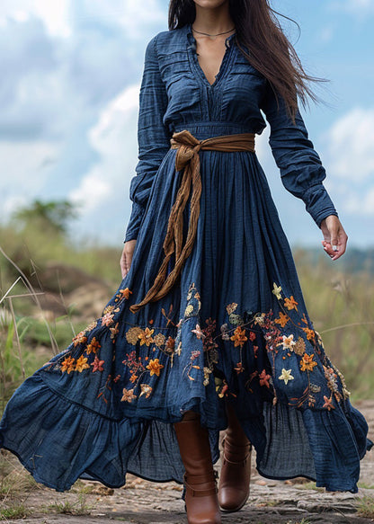 Bohemian Pastoral Blue Print Wrinkled Patchwork Cotton Ankle Dress Spring