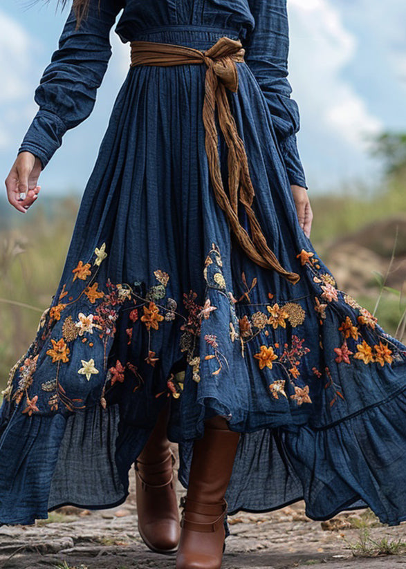 Bohemian Pastoral Blue Print Wrinkled Patchwork Cotton Ankle Dress Spring