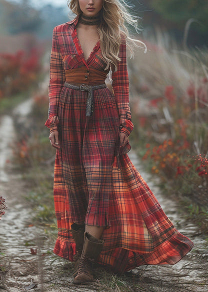 Bohemian Pastoral Style Plaid Maxi Dress Long Sleeve