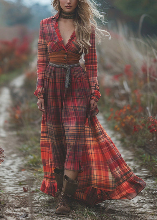 Bohemian Pastoral Style Plaid Maxi Dress Long Sleeve