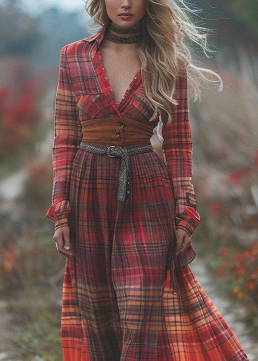 Bohemian Pastoral Style Plaid Maxi Dress Long Sleeve