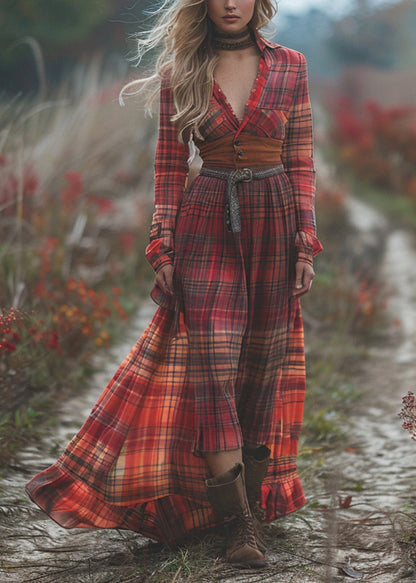 Bohemian Pastoral Style Plaid Maxi Dress Long Sleeve