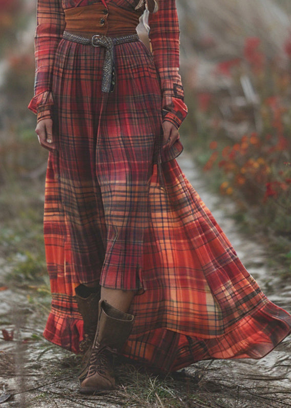 Bohemian Pastoral Style Plaid Maxi Dress Long Sleeve