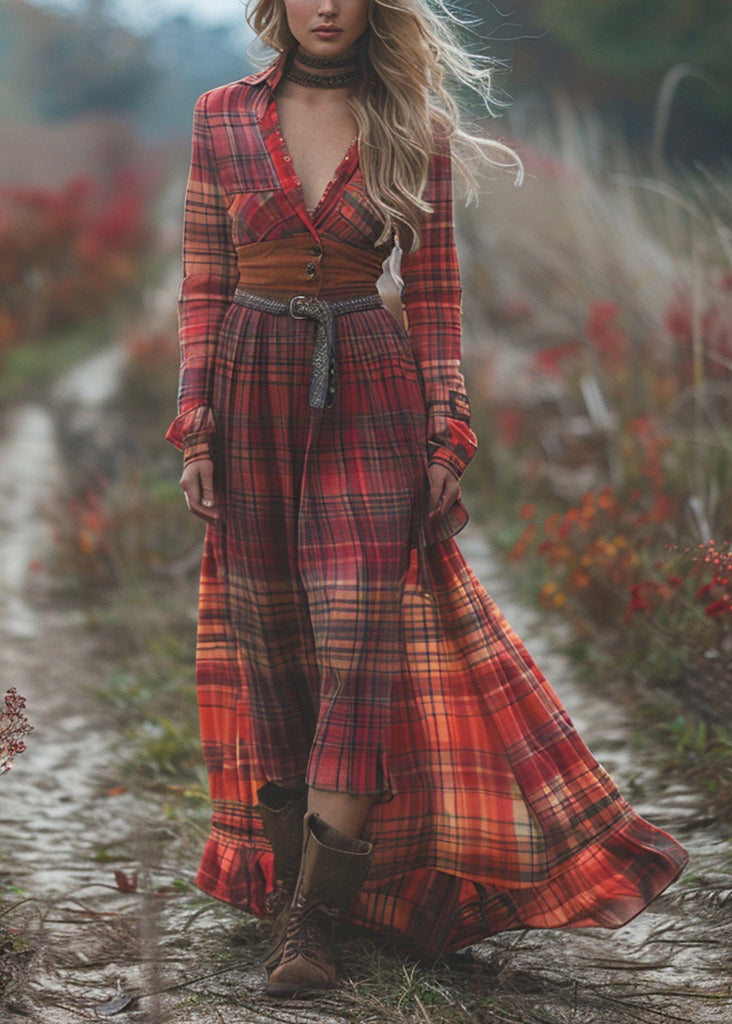 Bohemian Pastoral Style Plaid Maxi Dress Long Sleeve