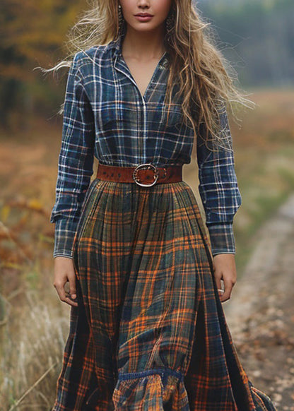 Bohemian Pastoral Style Plaid Patchwork Cotton Dresses Long Sleeve