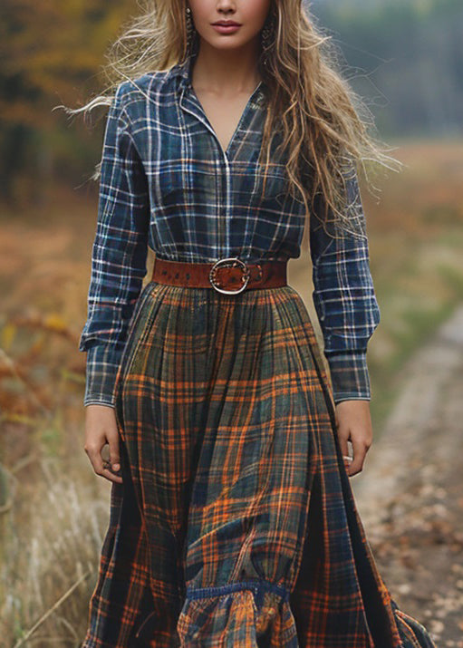 Bohemian Pastoral Style Plaid Patchwork Cotton Dresses Long Sleeve