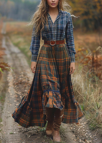 Bohemian Pastoral Style Plaid Patchwork Cotton Dresses Long Sleeve