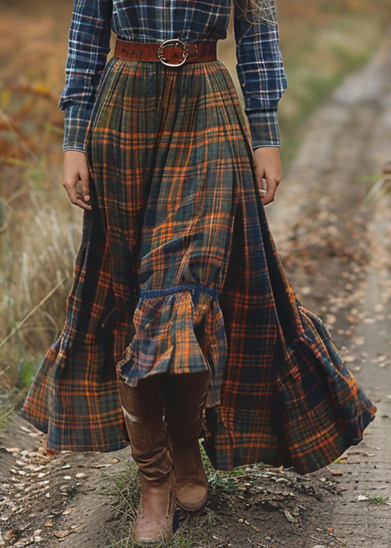 Bohemian Pastoral Style Plaid Patchwork Cotton Dresses Long Sleeve
