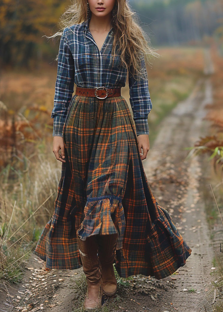 Bohemian Pastoral Style Plaid Patchwork Cotton Dresses Long Sleeve