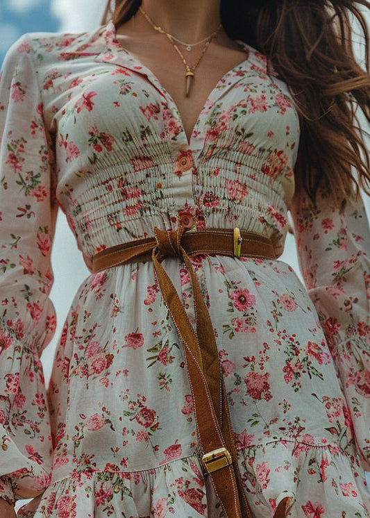 Bohemian Pastoral Style Ruffled Print Cotton Mini Dress Long Sleeve