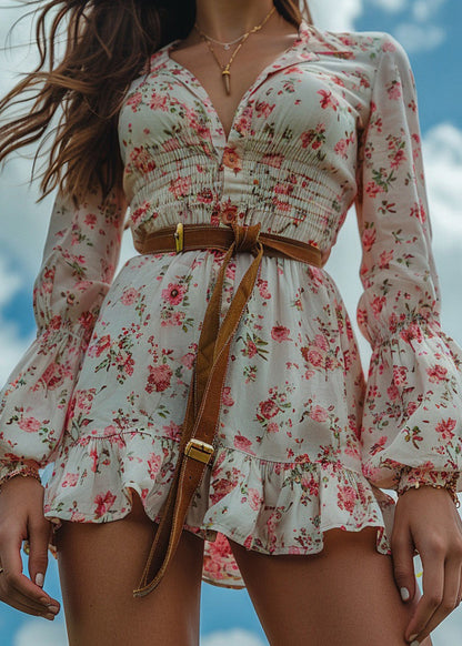 Bohemian Pastoral Style Ruffled Print Cotton Mini Dress Long Sleeve