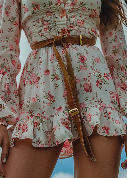 Bohemian Pastoral Style Ruffled Print Cotton Mini Dress Long Sleeve