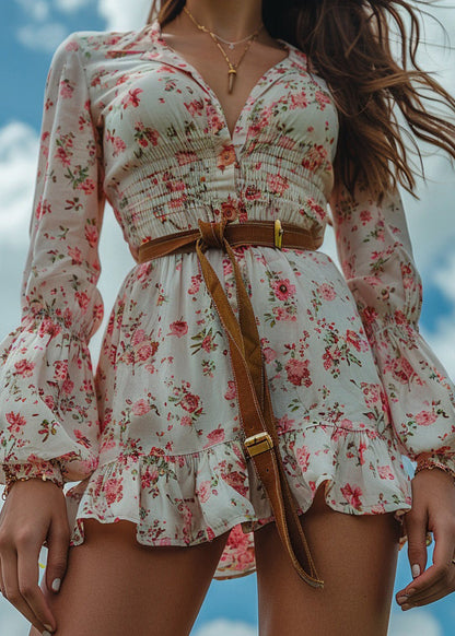 Bohemian Pastoral Style Ruffled Print Cotton Mini Dress Long Sleeve