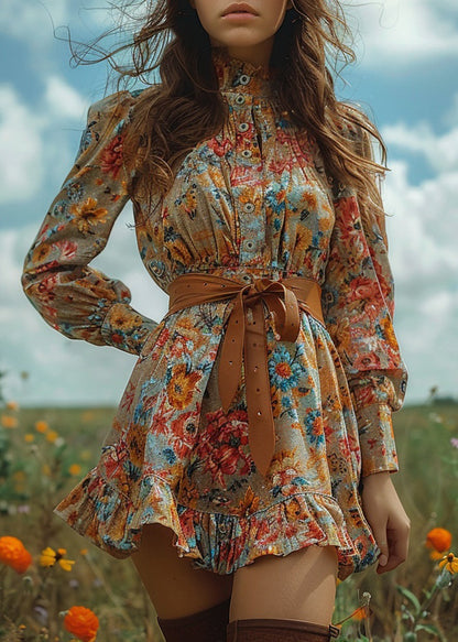 Bohemian Pastoral Style Ruffled Print Mini Dresses Long Sleeve