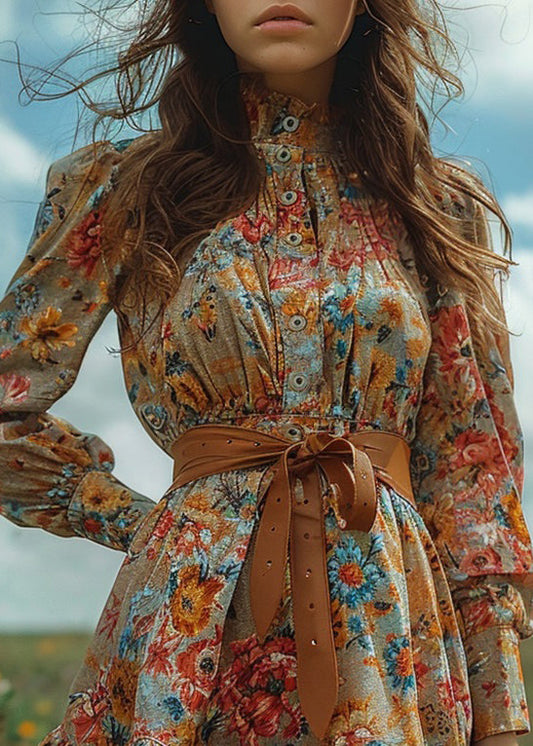 Bohemian Pastoral Style Ruffled Print Mini Dresses Long Sleeve