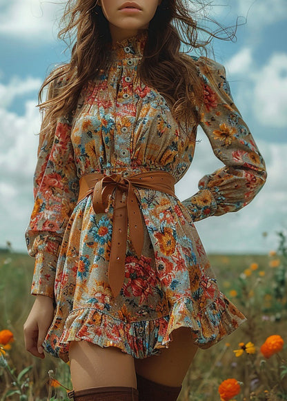 Bohemian Pastoral Style Ruffled Print Mini Dresses Long Sleeve