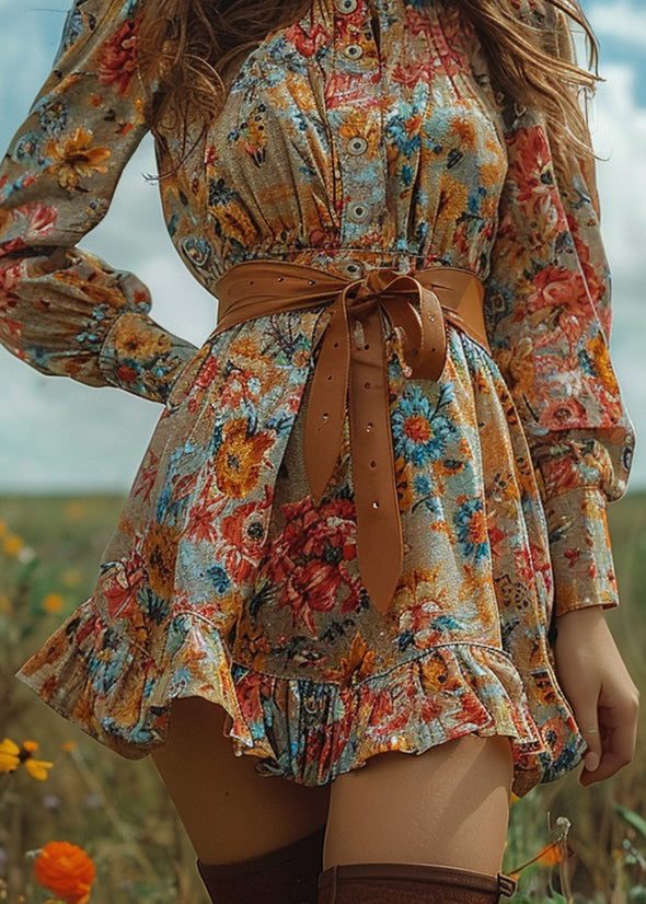 Bohemian Pastoral Style Ruffled Print Mini Dresses Long Sleeve