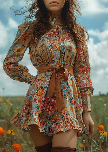 Bohemian Pastoral Style Ruffled Print Mini Dresses Long Sleeve