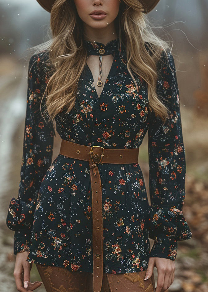 Bohemian Pastoral Style V Neck Print Cotton Short Dress Spring