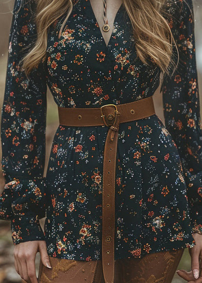 Bohemian Pastoral Style V Neck Print Cotton Short Dress Spring