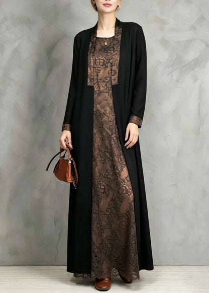 Bohemian Patchwork Print Waistcoat And Long Dress Two Pieces Set Fall