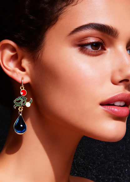 Bohemian Peacock Blue Gem Stone Droplet Shape Drop Earrings