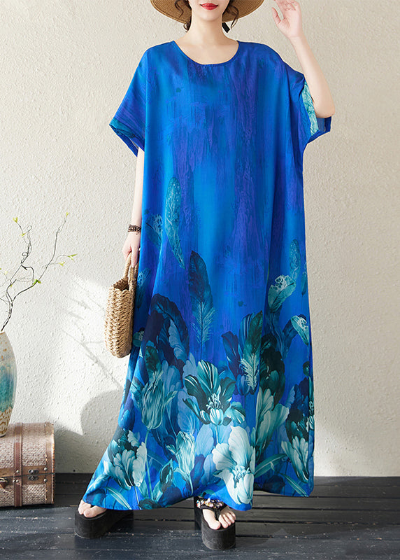 Bohemian Peacock Blue Oversized Print Holiday Dress Summer