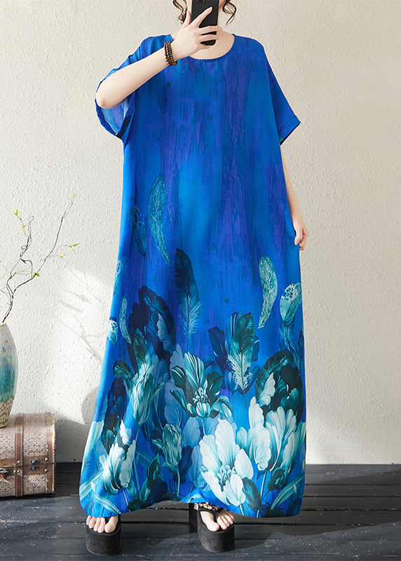 Bohemian Peacock Blue Oversized Print Holiday Dress Summer
