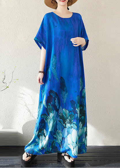Bohemian Peacock Blue Oversized Print Holiday Dress Summer
