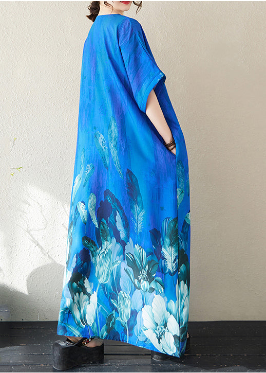 Bohemian Peacock Blue Oversized Print Holiday Dress Summer