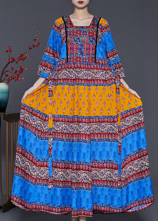 Bohemian Peacock Blue Print Exra Large Hem Silk Dresses Summer