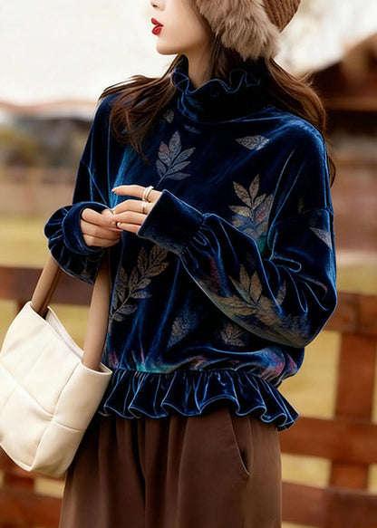 Bohemian Peacock Blue Ruffled Print Silk Velour Top Spring
