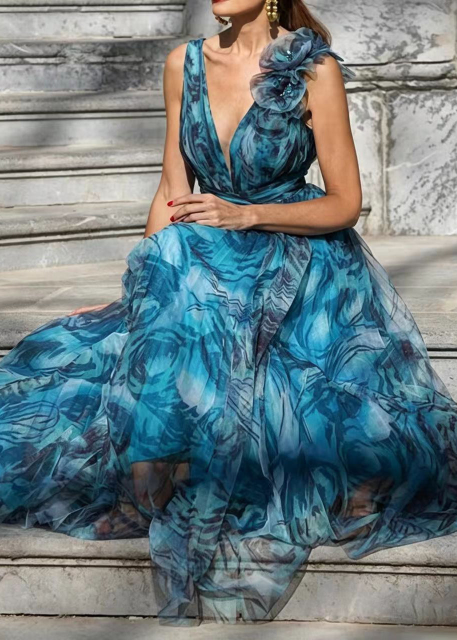 Bohemian Peacock Blue V Neck Floral Print Exra Large Hem Chiffon Maxi Dresses Summer