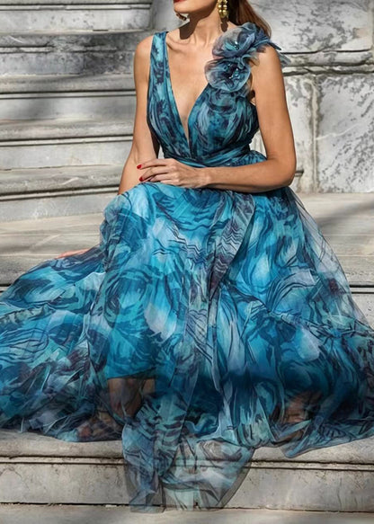Bohemian Peacock Blue V Neck Floral Print Exra Large Hem Chiffon Maxi Dresses Summer