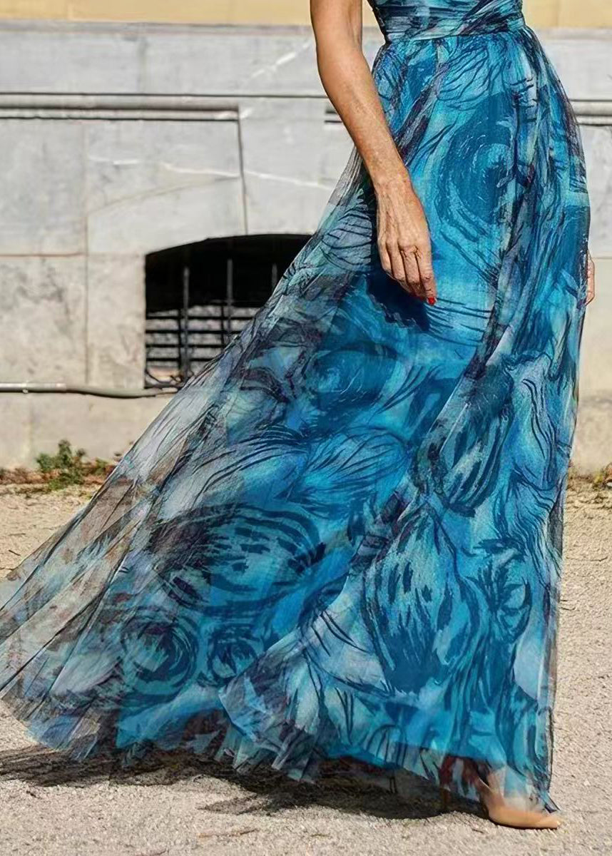 Bohemian Peacock Blue V Neck Floral Print Exra Large Hem Chiffon Maxi Dresses Summer
