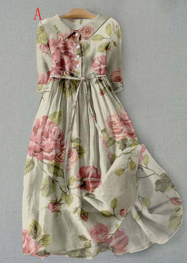 Bohemian Peter Pan Collar Print Lace Up Cotton Dress Summer