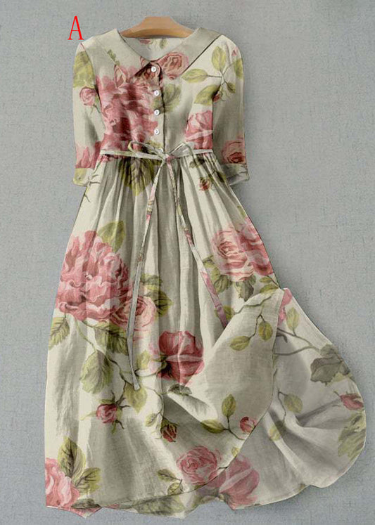 Bohemian Peter Pan Collar Print Lace Up Cotton Dress Summer