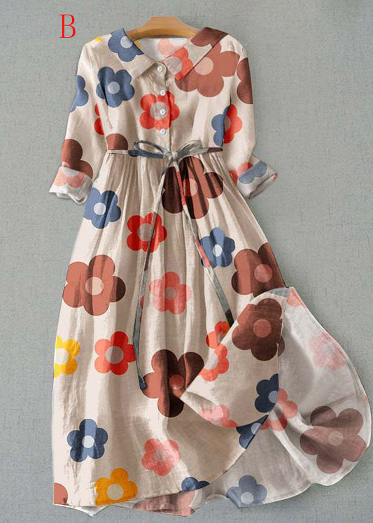 Bohemian Peter Pan Collar Print Lace Up Cotton Dress Summer