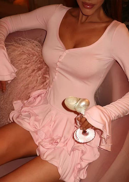 Bohemian Pink Asymmetrical Ruffled Cotton Mini Dresses Flare Sleeve
